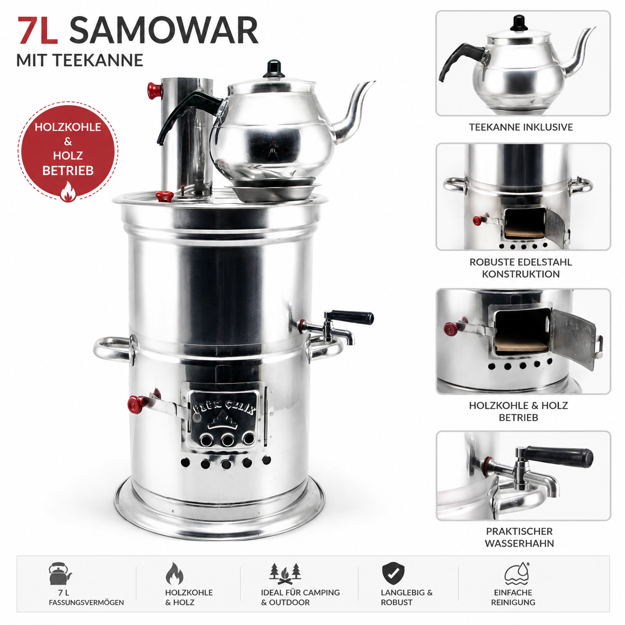 7L Holzkohle Samowar Edelstahl Semaver Camping Teekocher mit Teekanne