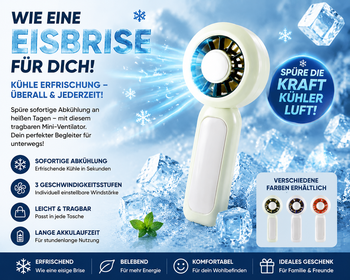 USB Mini Ventilator mit Akku und Griff – Tragbarer Handventilator mit 3 Stufen