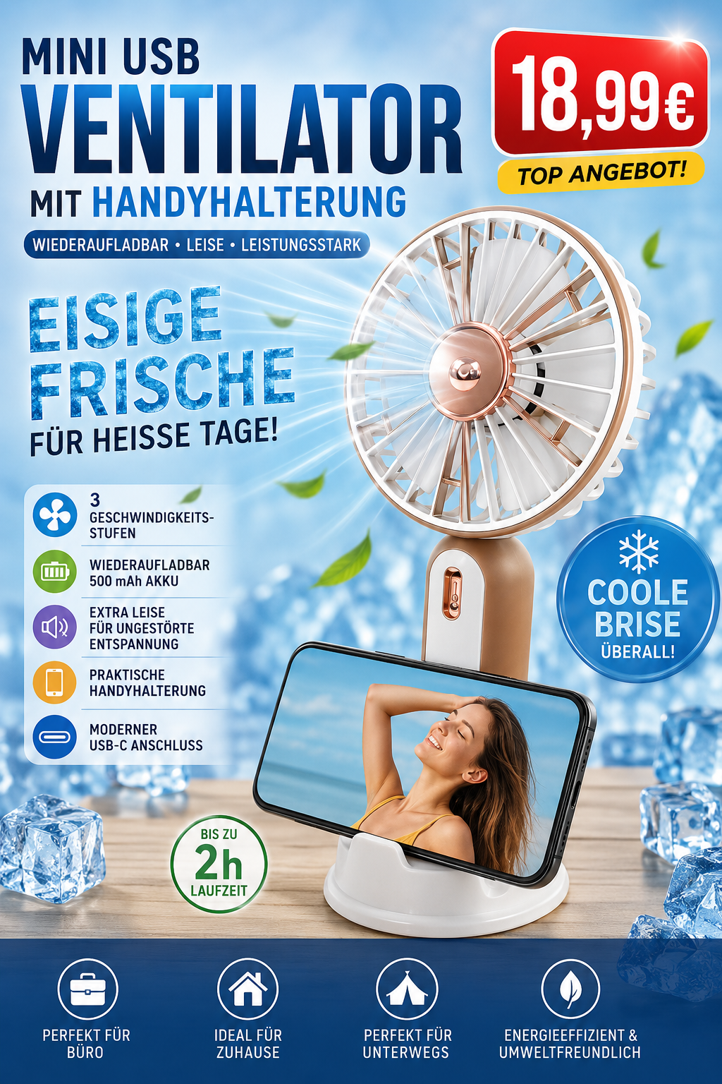 Mini USB Ventilator mit Handyhalterung – Wiederaufladbarer Tischventilator USB-C