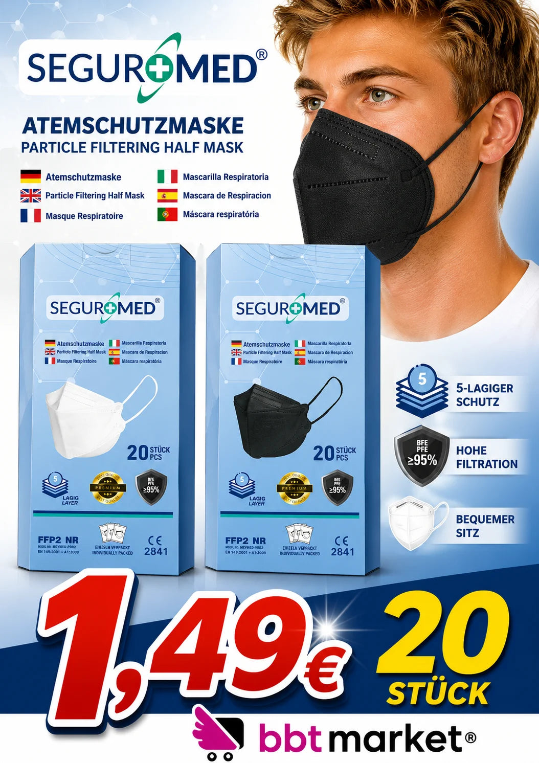 20x FFP2 Atemschutzmasken 5-lagig – CE-zertifiziert nach EN 149:2001, Partikelfiltrierende Halbmasken