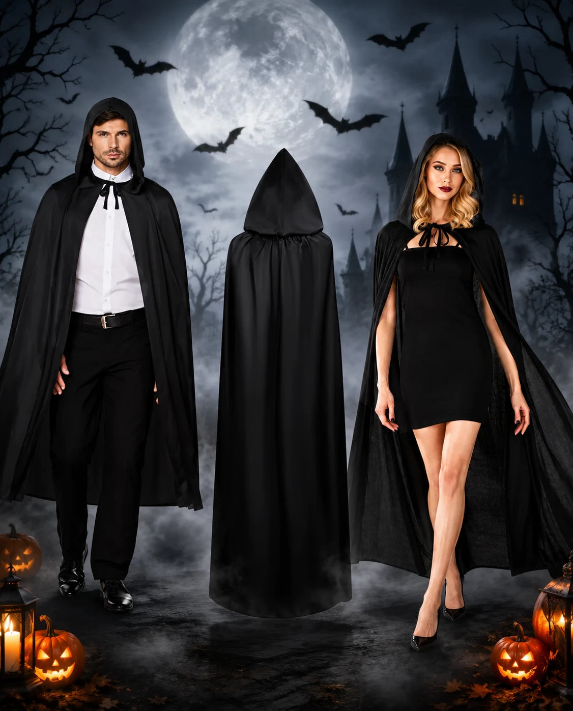 Halloween Umhang Schwarz mit Kapuze 120cm Cape Kostüm Vampir Hexe Verkleidung