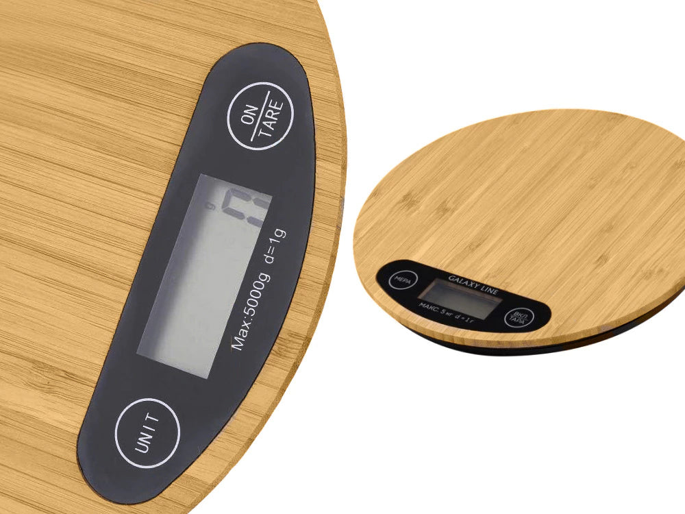 Digitale Küchenwaage Bambus bis 5 kg – Elektronische Feinwaage mit LCD Display und TARA Funktion