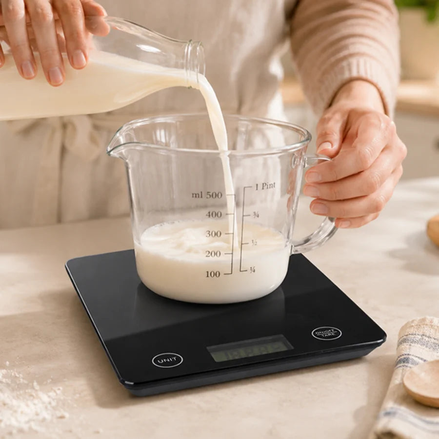 Digitale Küchenwaage bis 5 kg mit 1 g Genauigkeit – Glas Haushaltswaage mit LCD, Tara & Touch-Bedienung