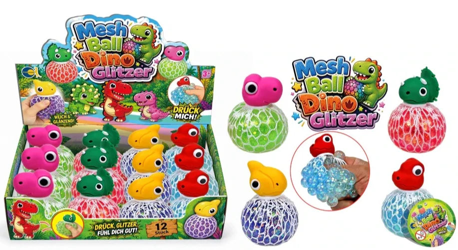 Dino Squishy Glitzer Quetschball Fidget Spielzeug Mesh Ball 65mm 1/3 Stück