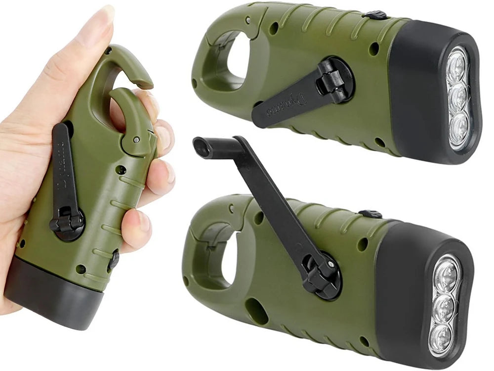 Dynamo Solar Taschenlampe mit 3 LEDs – Handkurbel Lampe mit Karabiner für Camping, Auto & Notfall