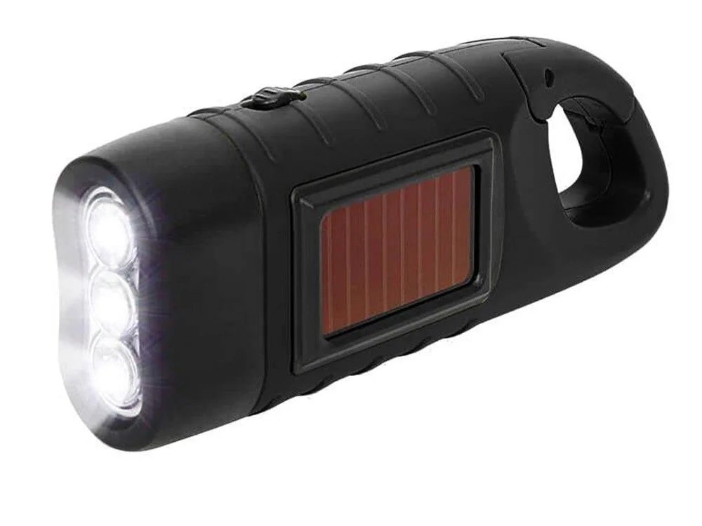 Dynamo Solar Taschenlampe mit 3 LEDs – Handkurbel Lampe mit Karabiner für Camping, Auto & Notfall