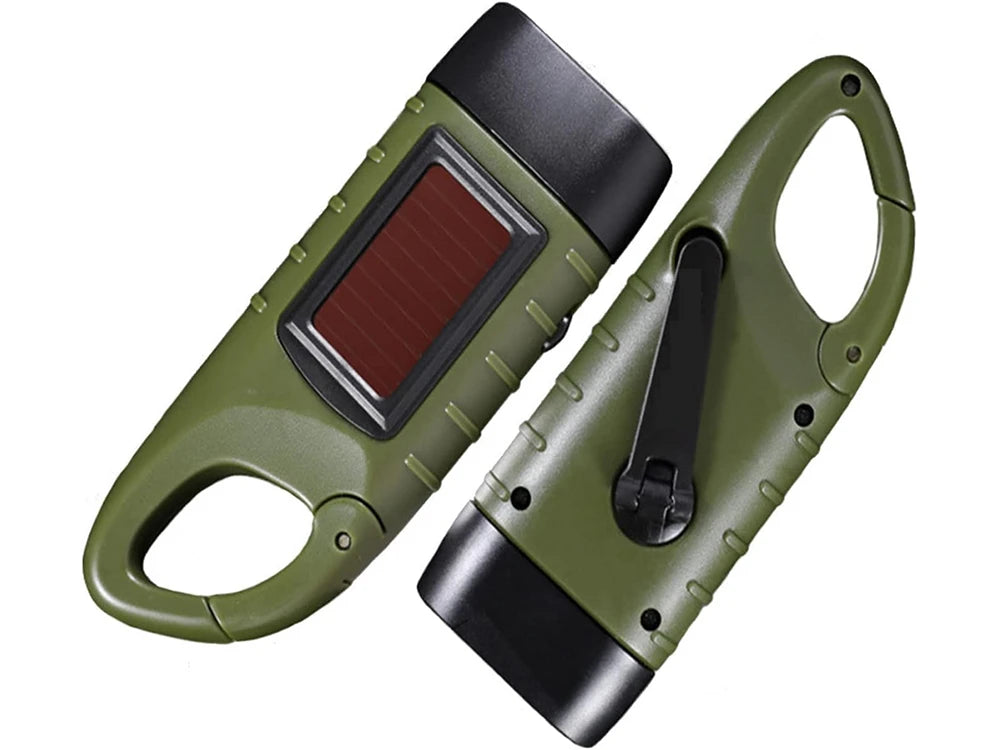 Dynamo Solar Taschenlampe mit 3 LEDs – Handkurbel Lampe mit Karabiner für Camping, Auto & Notfall