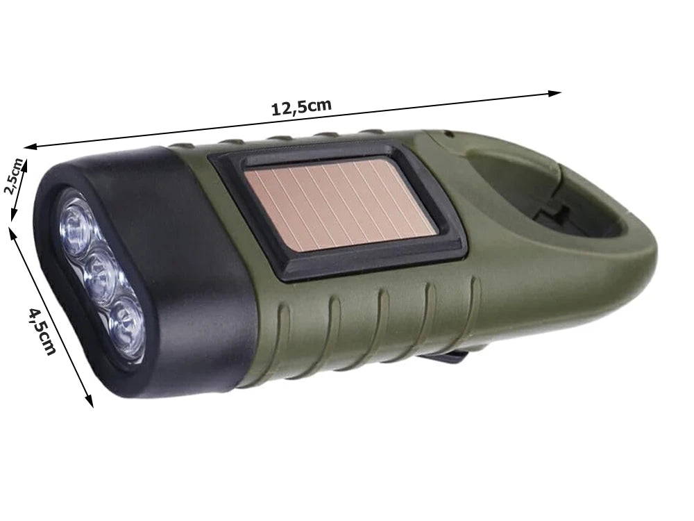 Dynamo Solar Taschenlampe mit 3 LEDs – Handkurbel Lampe mit Karabiner für Camping, Auto & Notfall
