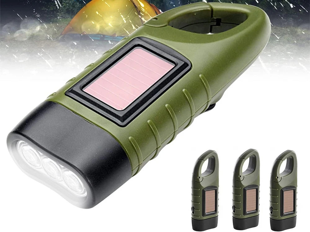 Dynamo Solar Taschenlampe mit 3 LEDs – Handkurbel Lampe mit Karabiner für Camping, Auto & Notfall