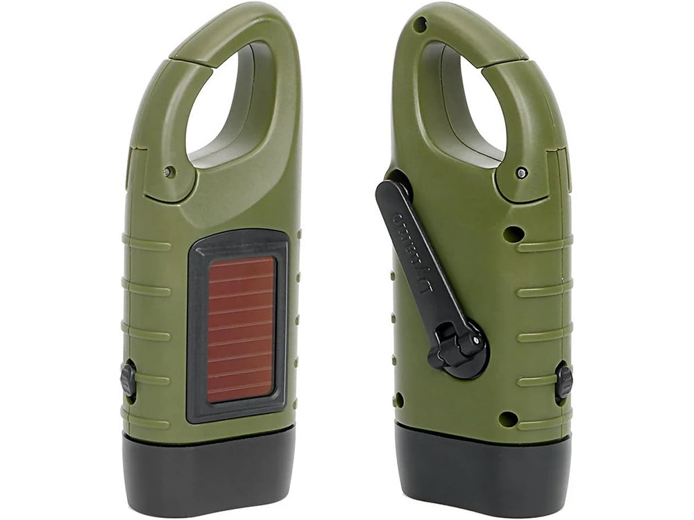 Dynamo Solar Taschenlampe mit 3 LEDs – Handkurbel Lampe mit Karabiner für Camping, Auto & Notfall