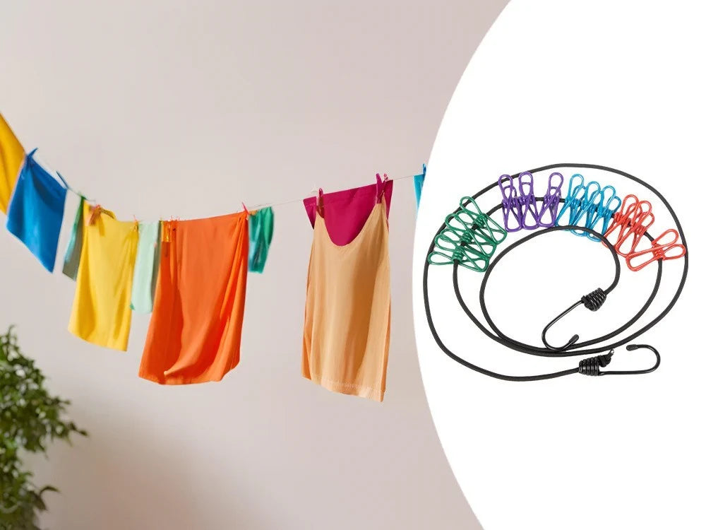 Elastische Wäscheleine mit 12 Wäscheklammern Reise Camping Balkon Trockenseil