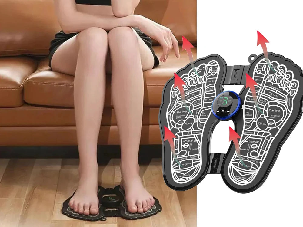 EMS Fußmassagegerät mit Akku – Elektrostimulations-Fußmatte mit 8 Modi und 19 Intensitätsstufen