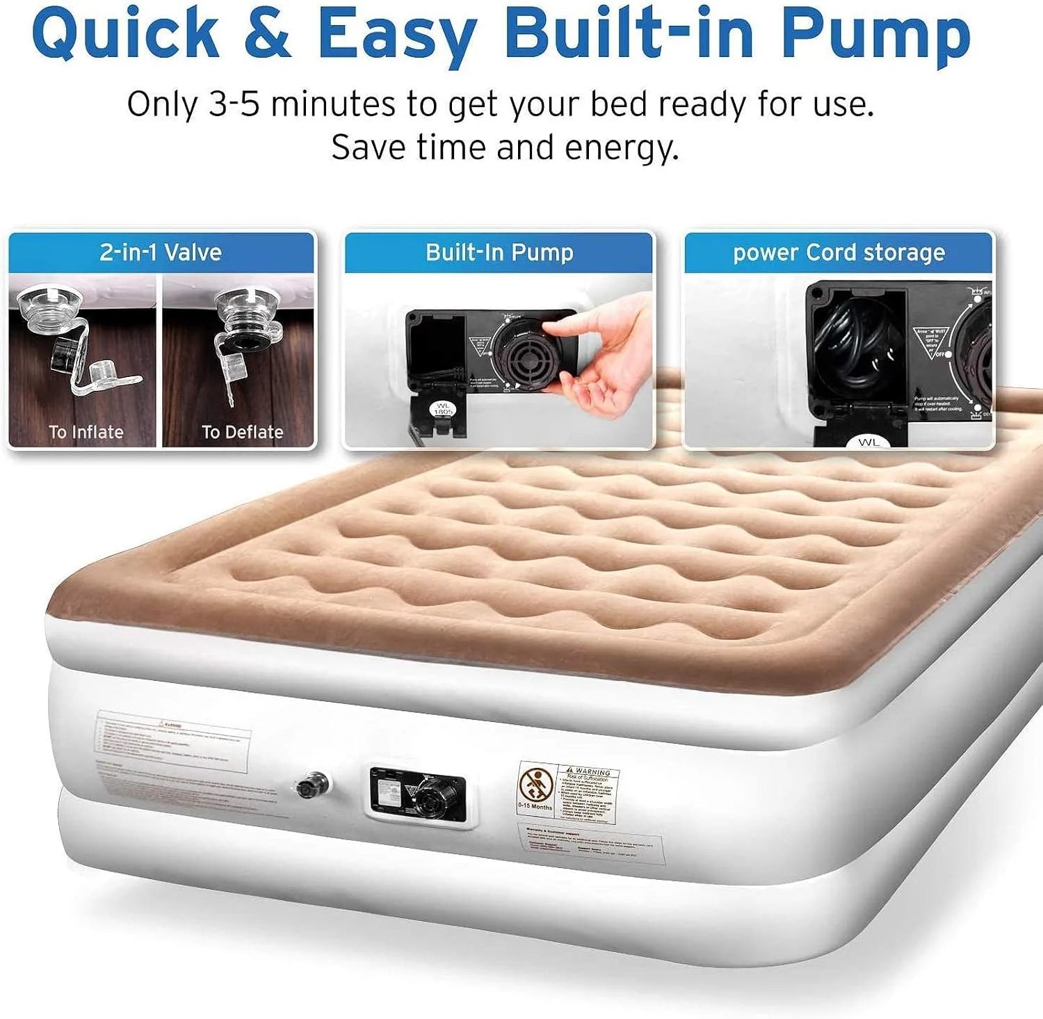 ETEKCITY Luftbett 203 x 152 x 46 cm – Aufblasbare Matratze mit integrierter Elektropumpe & Tragetasche