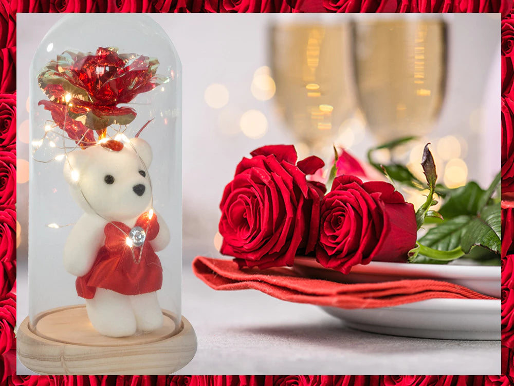 LED Ewige Rose im Glas mit Teddybär romantisches Geschenk für Frauen