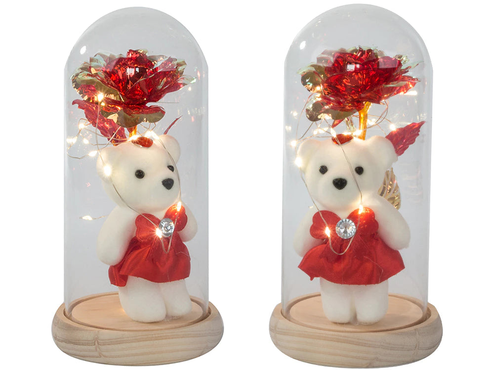 LED Ewige Rose im Glas mit Teddybär romantisches Geschenk für Frauen