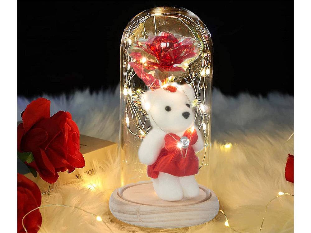 LED Ewige Rose im Glas mit Teddybär romantisches Geschenk für Frauen