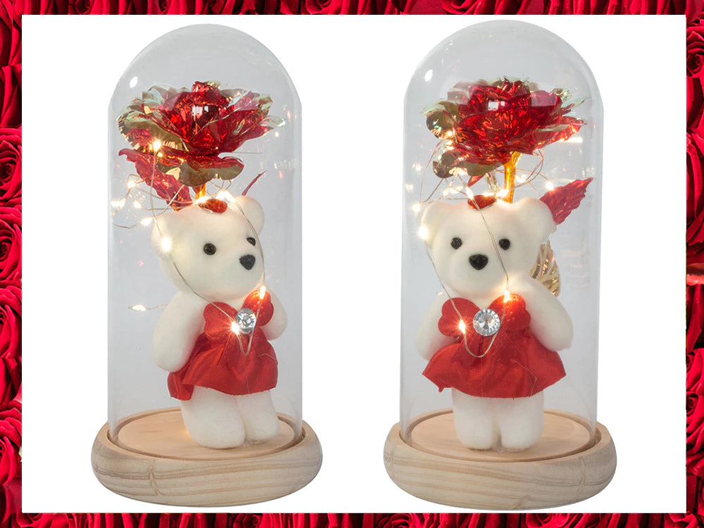 LED Ewige Rose im Glas mit Teddybär romantisches Geschenk für Frauen