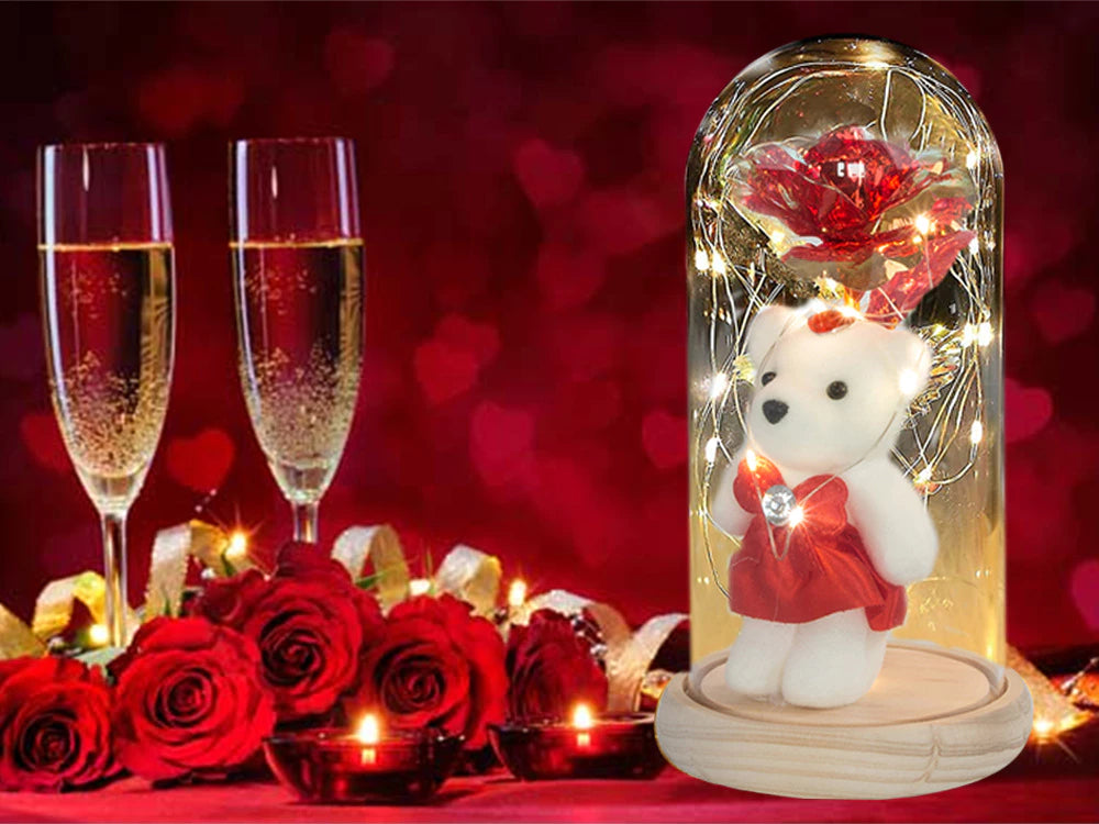LED Ewige Rose im Glas mit Teddybär romantisches Geschenk für Frauen