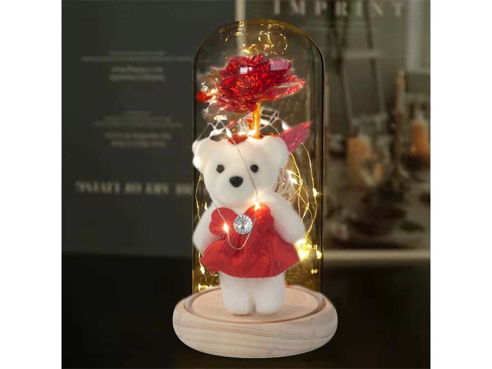 LED Ewige Rose im Glas mit Teddybär romantisches Geschenk für Frauen