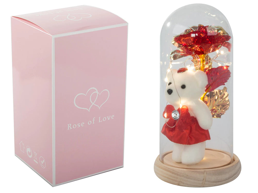 LED Ewige Rose im Glas mit Teddybär romantisches Geschenk für Frauen