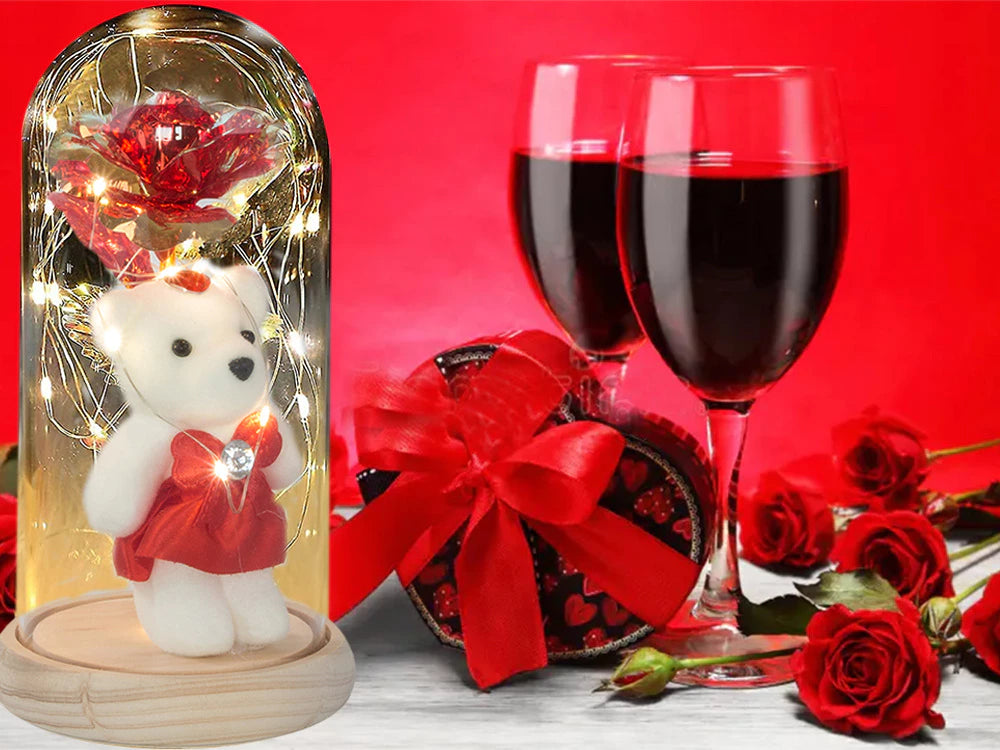 LED Ewige Rose im Glas mit Teddybär romantisches Geschenk für Frauen