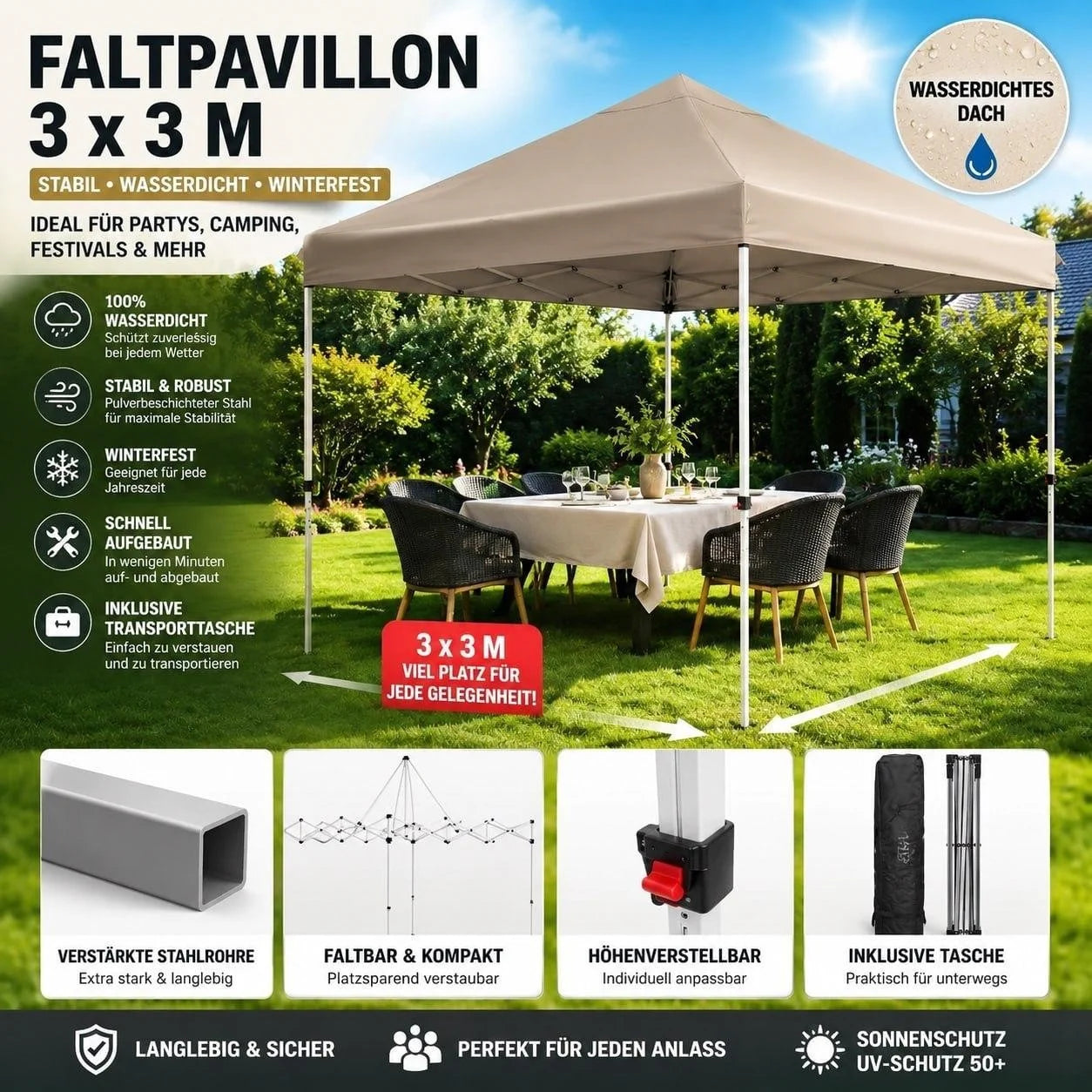 Faltpavillon 3x3m Wasserdicht Höhenverstellbar Partyzelt Camping Pavillon