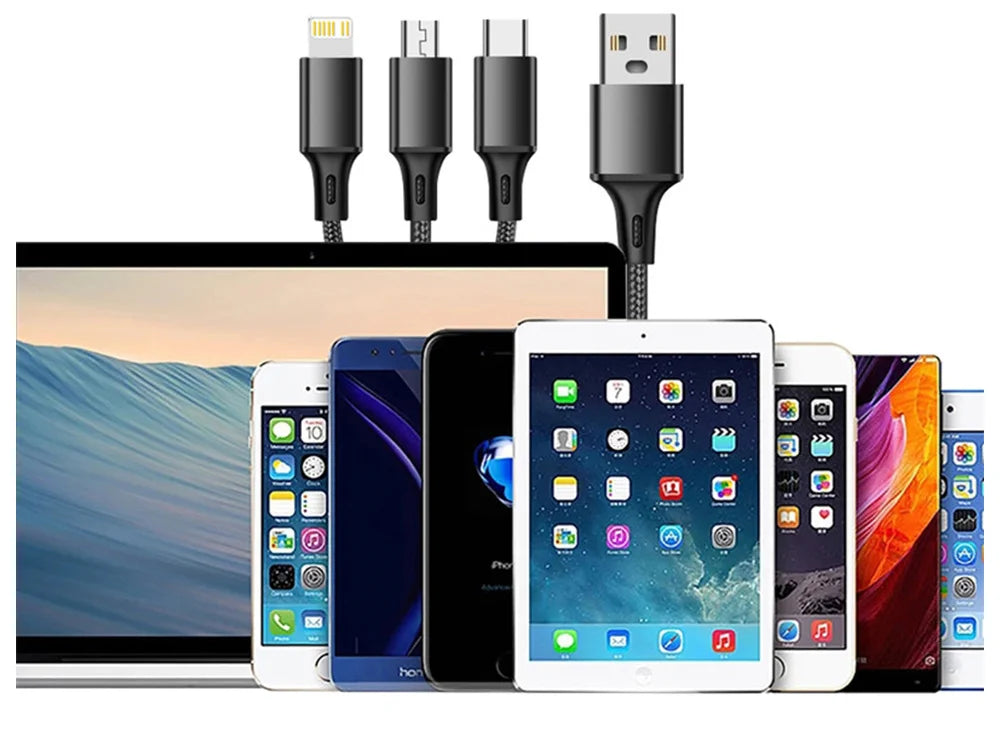 3in1 USB Ladekabel 1,2 m – USB-C, Micro USB und 8-Pin Ladekabel mit Nylonummantelung und 2,1 A