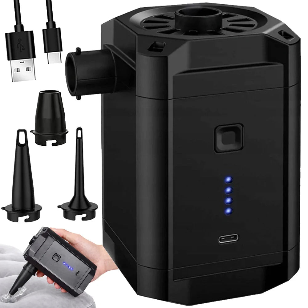 Elektrische Akku Luftpumpe mit 5200 mAh, USB-C, 3 Düsen und LED-Anzeige – Luftpumpe für Luftmatratzen, Pool & Camping