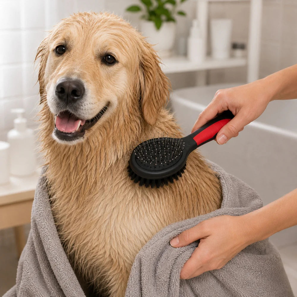 2-in-1 Haustierbürste für Hunde & Katzen – Doppelseitige Fellbürste mit Draht- und Nylonborsten für Langhaar & Kurzhaar