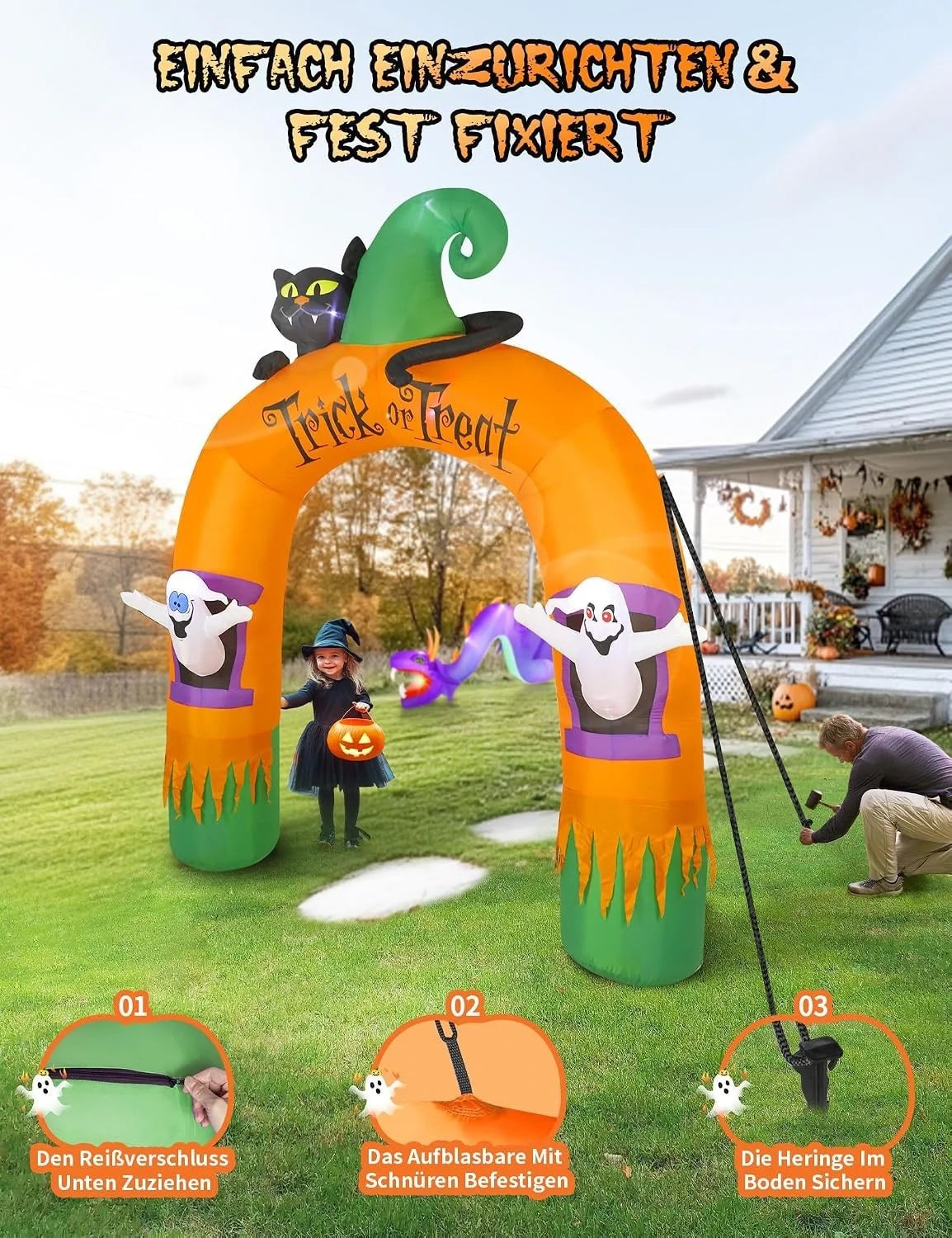 Halloween Deko Aufblasbar 305cm Torbogen LED Geist Katze Garten Outdoor
