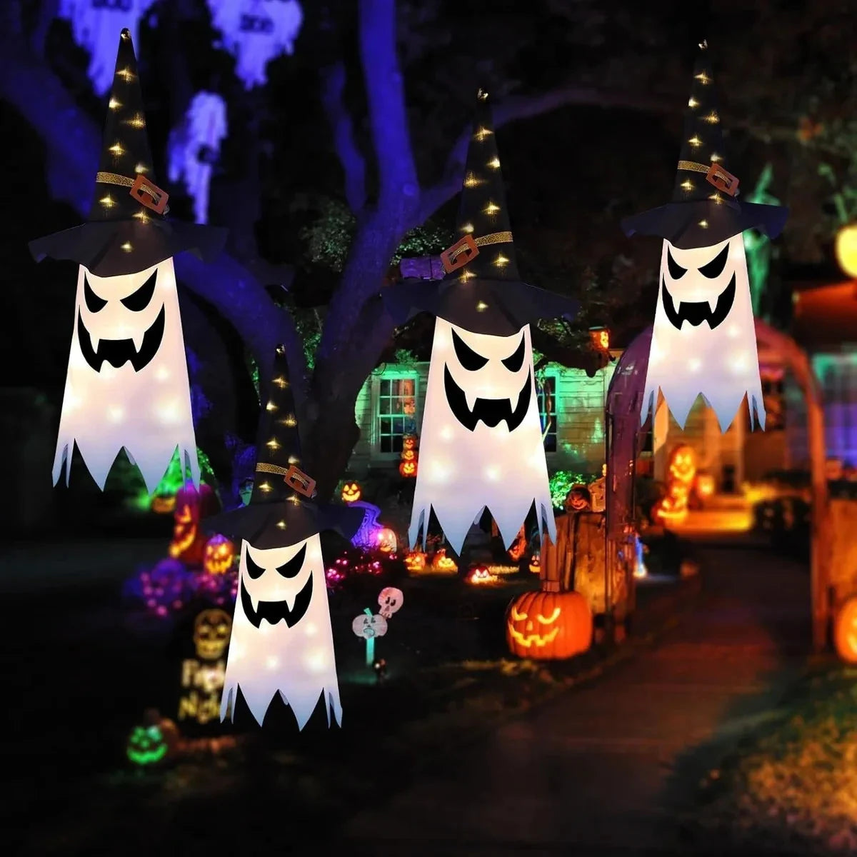 Halloween Geist LED Hängedeko Hexenhut 80cm Leuchtend Garten Fenster Deko