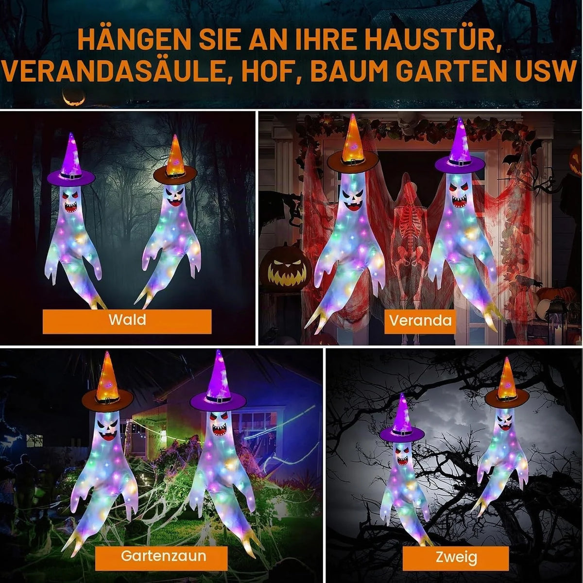 Halloween Geist Windsack 120cm Hexenhut Hängedeko Garten Party Gruseldeko
