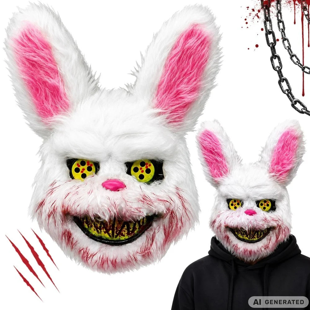 Halloween Hasenmaske Horror Maske 32cm Fell Grusel Kostüm Cosplay Weiß