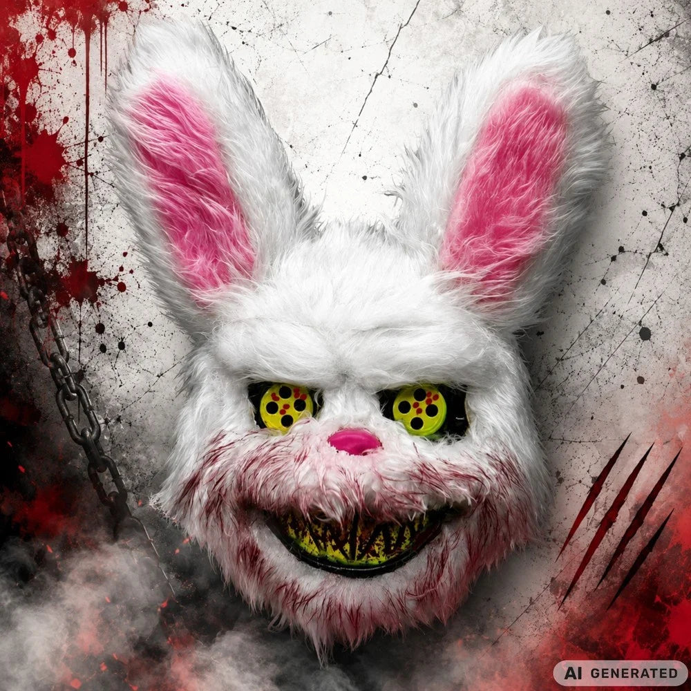 Halloween Hasenmaske Horror Maske 32cm Fell Grusel Kostüm Cosplay Weiß