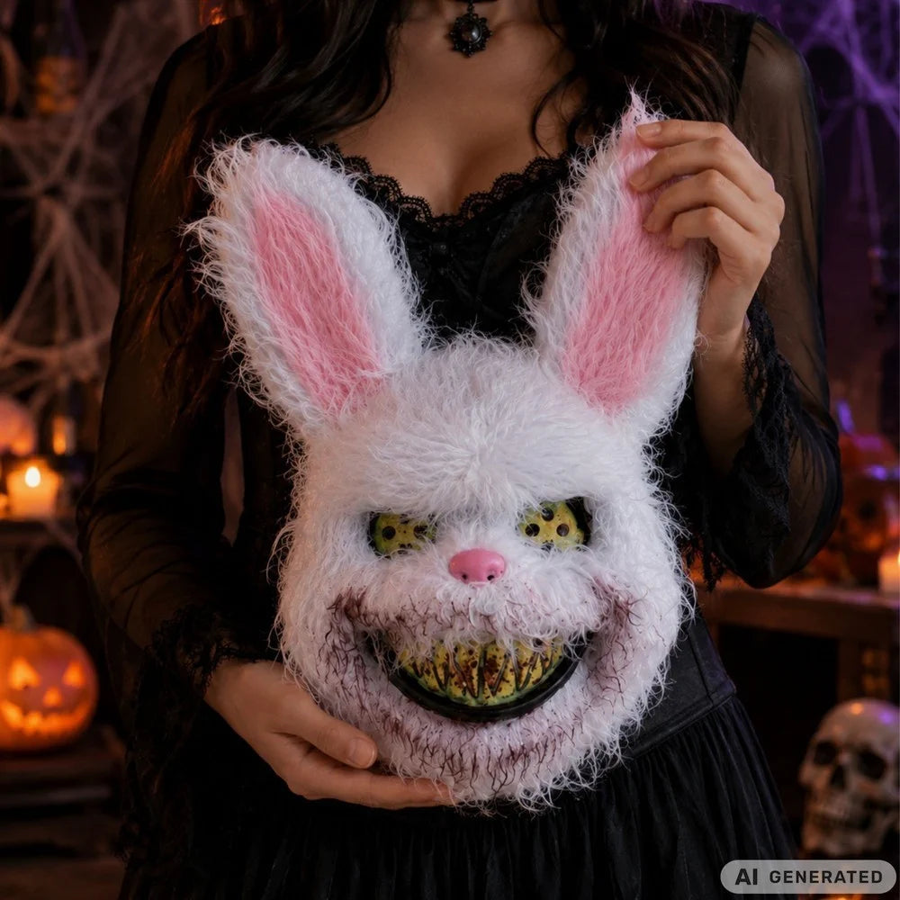 Halloween Hasenmaske Horror Maske 32cm Fell Grusel Kostüm Cosplay Weiß