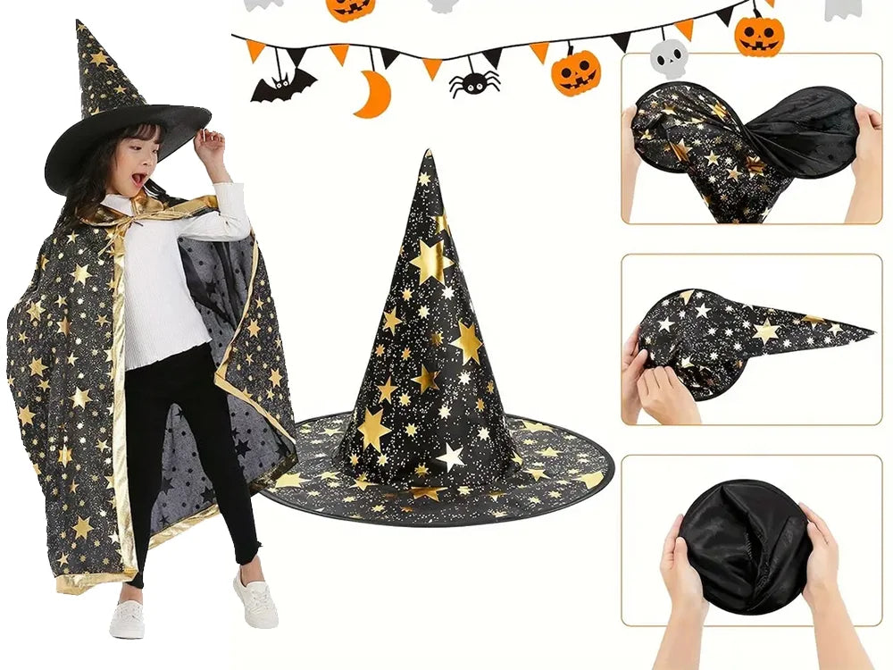 Kinder Halloween Kostüm Hexe Zauberer Umhang mit Hut 🎃 Karneval Verkleidung