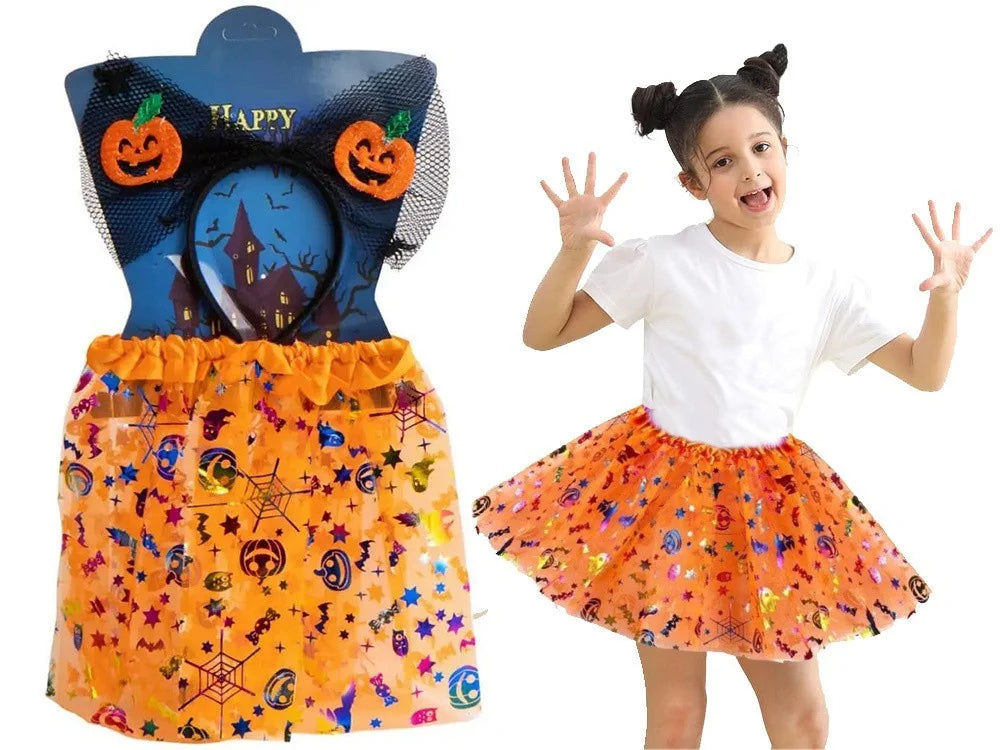 Halloween Kostüm Mädchen 🎃 Tutu Rock mit Kürbis Stirnband Schleife Glitzer 👻