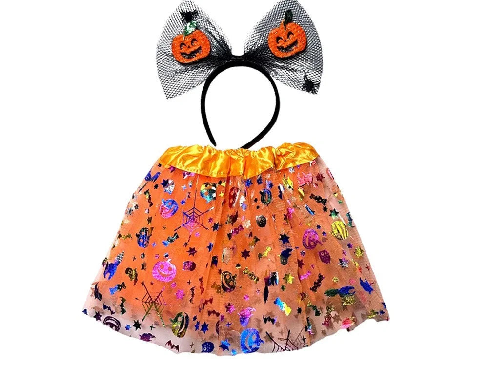 Halloween Kostüm Mädchen 🎃 Tutu Rock mit Kürbis Stirnband Schleife Glitzer 👻