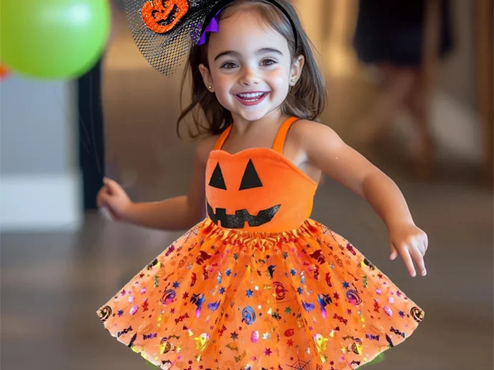 Halloween Kostüm Mädchen 🎃 Tutu Rock mit Kürbis Stirnband Schleife Glitzer 👻