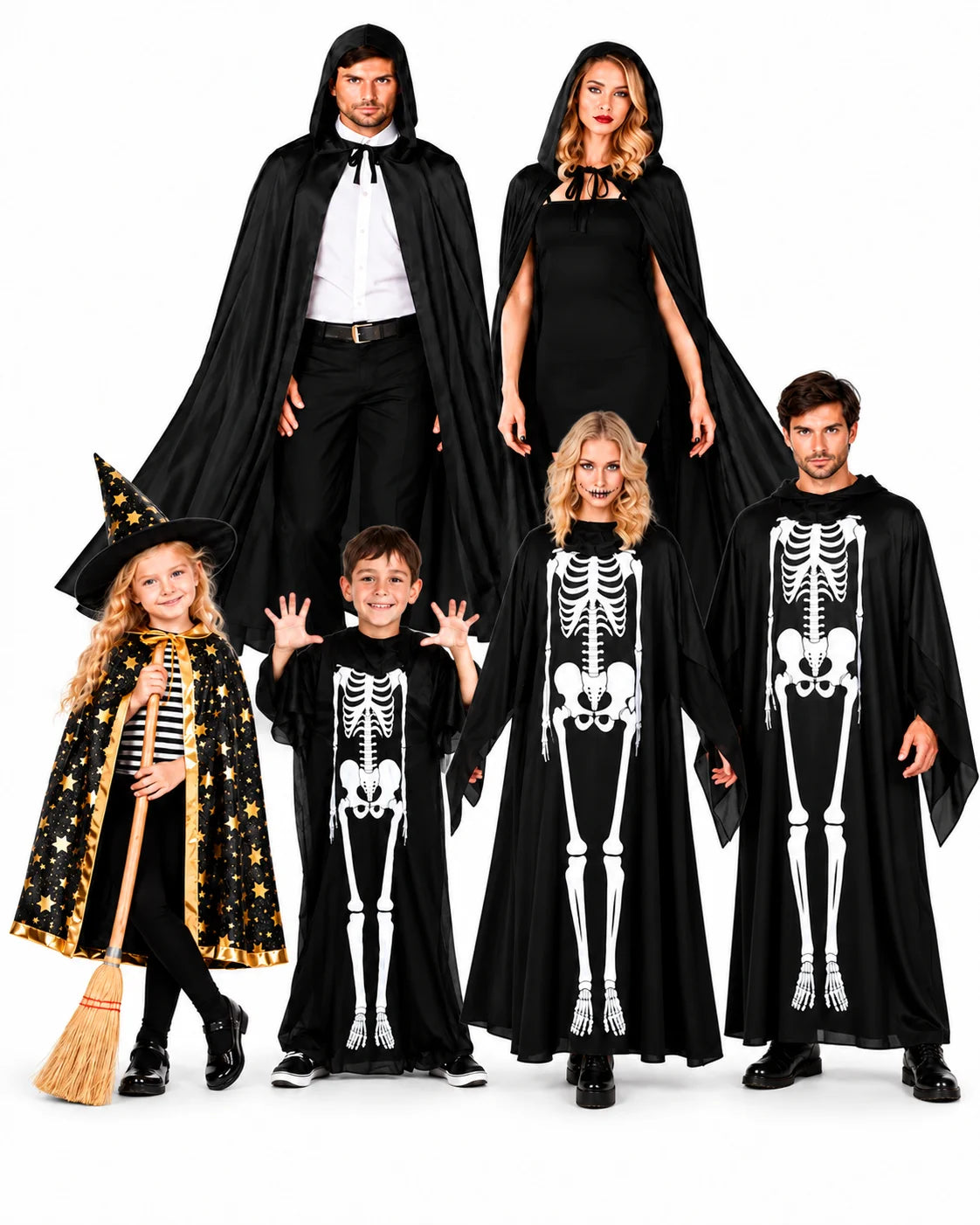 Halloween Kostüm Skelett Jumpsuit & Zauberer Umhang – Karneval, Fasching & Cosplay für Damen, Herren und Kinder