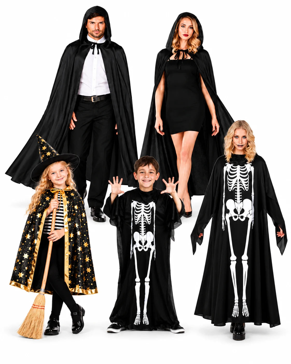 Halloween Kostüm Skelett Jumpsuit & Zauberer Umhang – Karneval, Fasching & Cosplay für Damen, Herren und Kinder