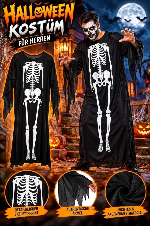 Halloween Kostüm Skelett Jumpsuit & Zauberer Umhang – Karneval, Fasching & Cosplay für Damen, Herren und Kinder