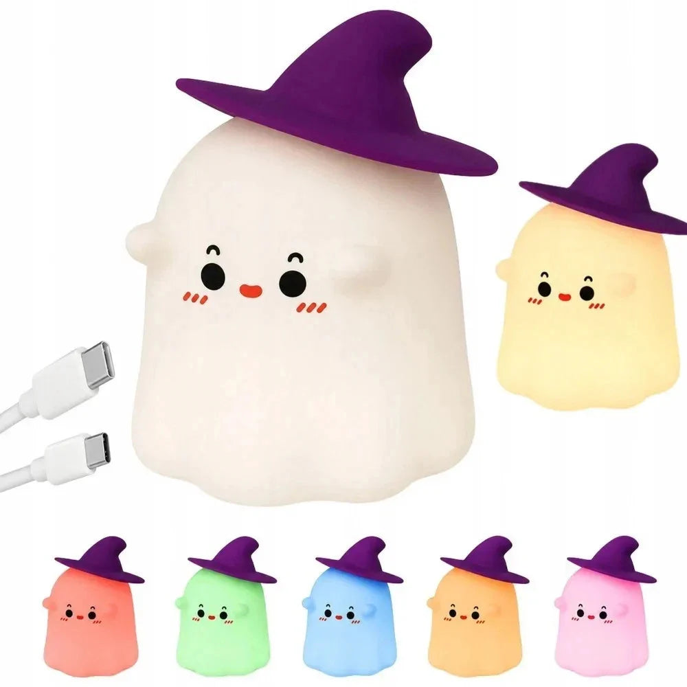 Halloween Nachtlicht Geist mit RGB LED, USB-C Akku, Touch-Steuerung & 30-Minuten-Timer – Silikon Geisterlampe mit Hexenhut