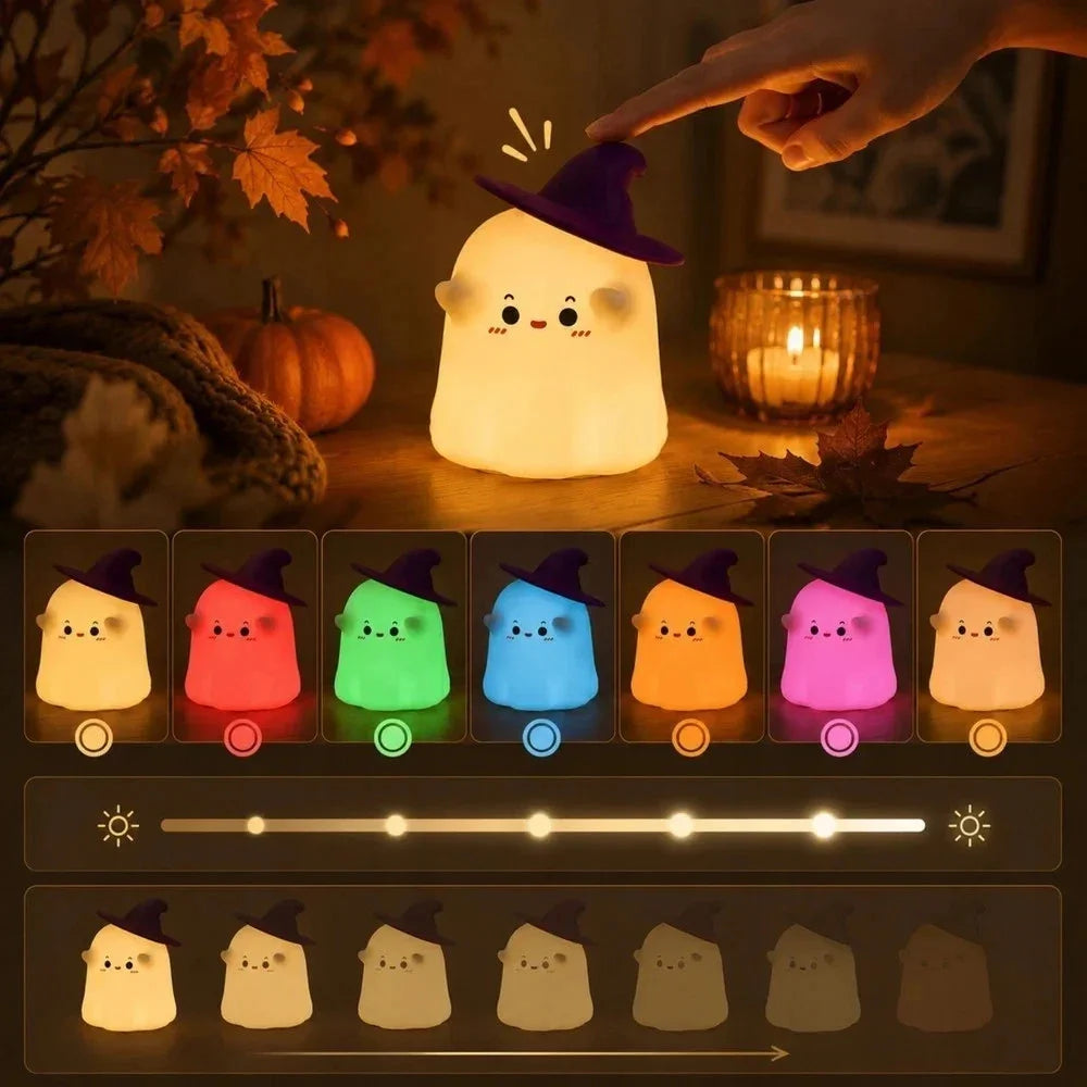 Halloween Nachtlicht Geist mit RGB LED, USB-C Akku, Touch-Steuerung & 30-Minuten-Timer – Silikon Geisterlampe mit Hexenhut