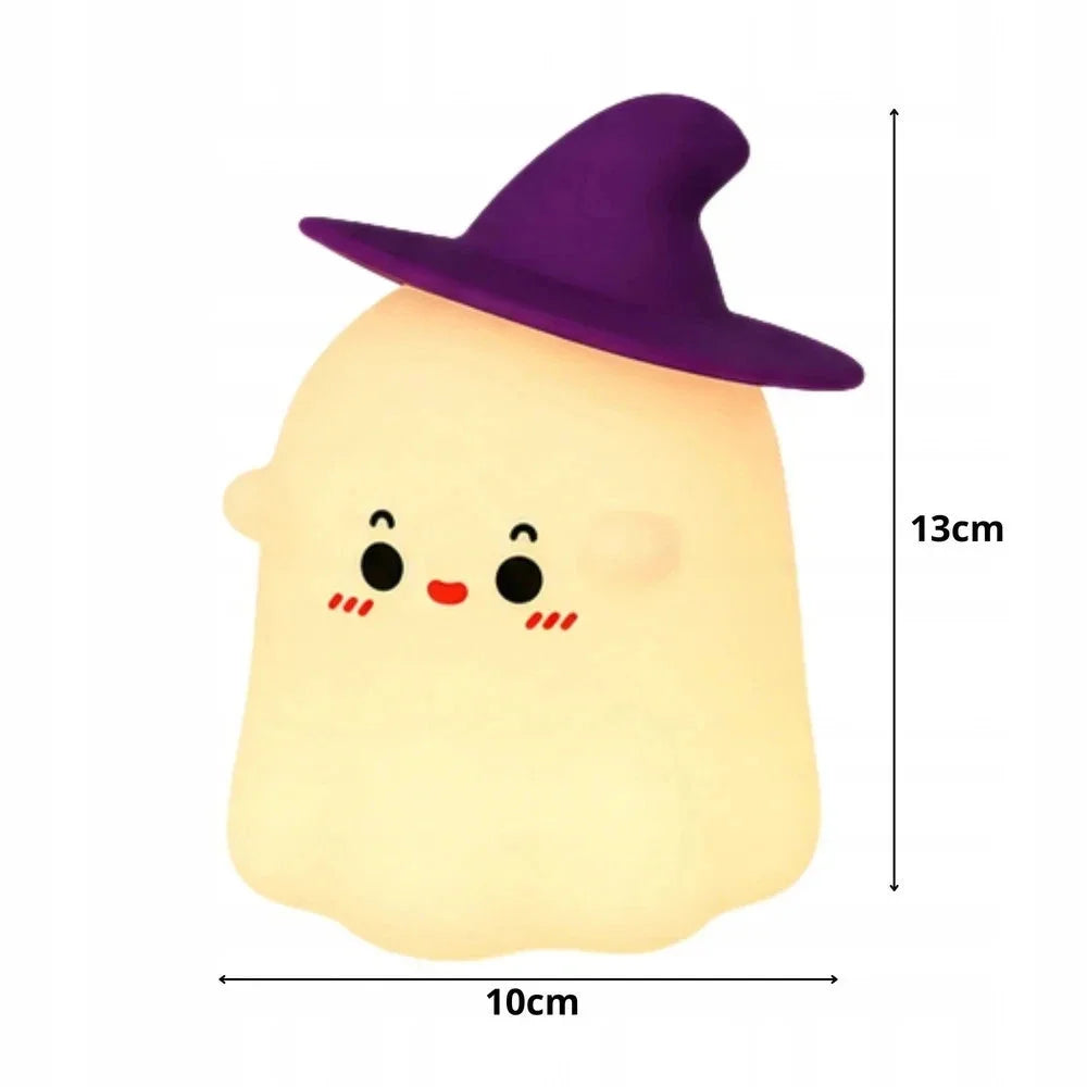 Halloween Nachtlicht Geist mit RGB LED, USB-C Akku, Touch-Steuerung & 30-Minuten-Timer – Silikon Geisterlampe mit Hexenhut