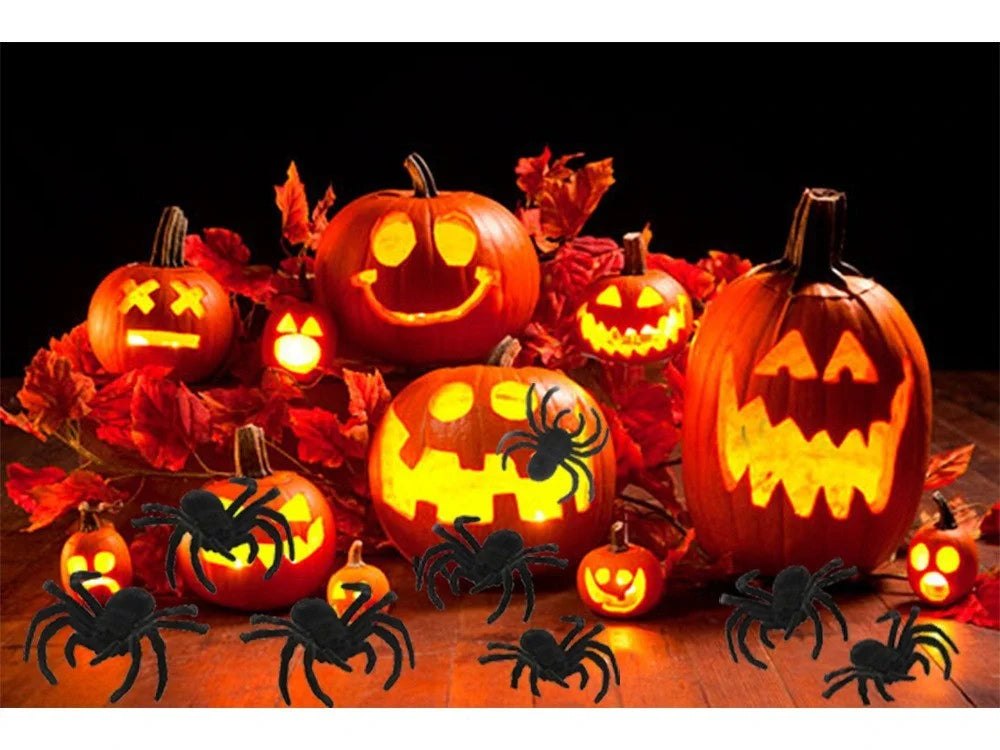 Halloween Spinnen Set 4 Stück – schwarze Deko-Spinnen 11 cm für Party, Haus & Garten