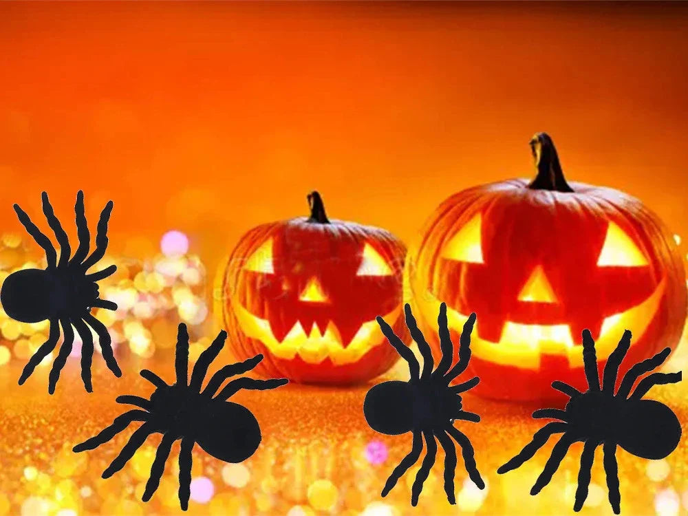 Halloween Spinnen Set 4 Stück – schwarze Deko-Spinnen 11 cm für Party, Haus & Garten