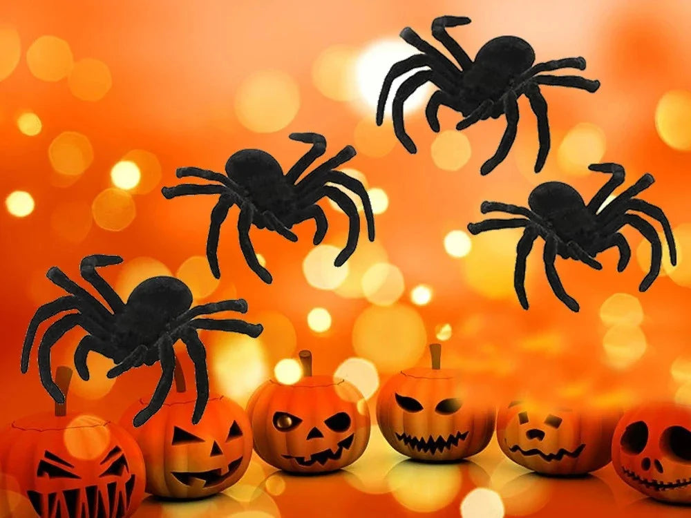 Halloween Spinnen Set 4 Stück – schwarze Deko-Spinnen 11 cm für Party, Haus & Garten