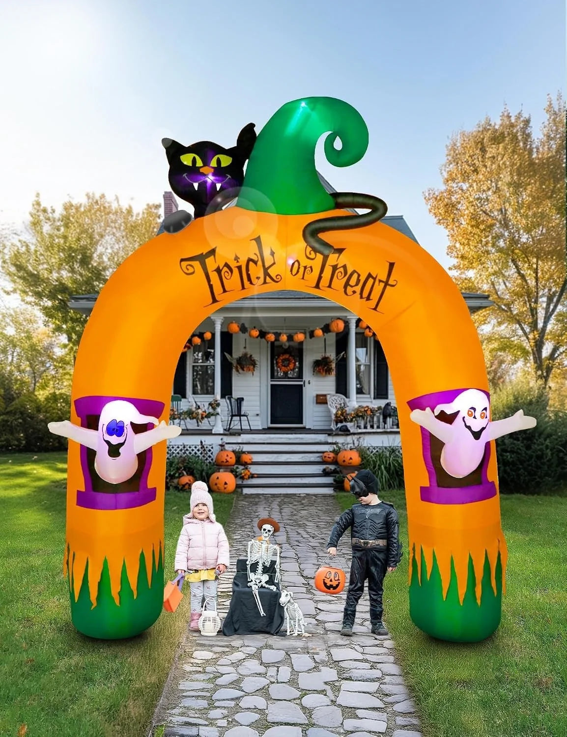 Halloween Deko Aufblasbar 305cm Torbogen LED Geist Katze Garten Outdoor