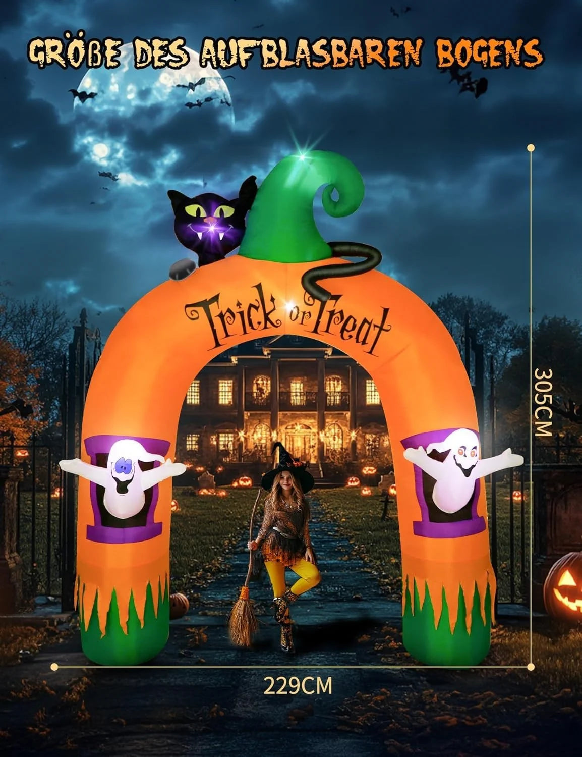 Halloween Torbogen Aufblasbar mit LEDs 305cm Deko Outdoor Schwarze Katze
